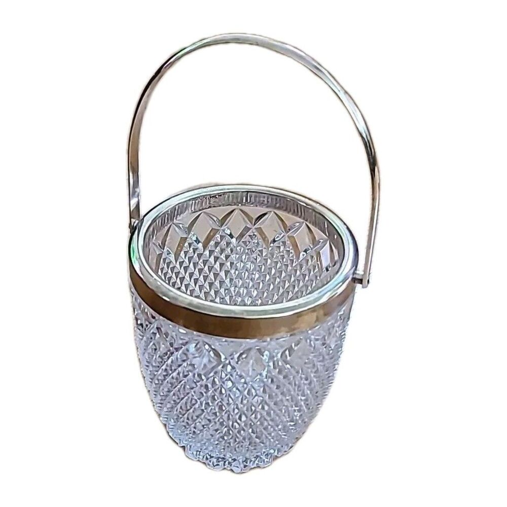 Vtg*FB ROGERS*SILVER TONE METAL & LEAD CRYSTAL*ICE BUCKET*Diamond Pattern & Star